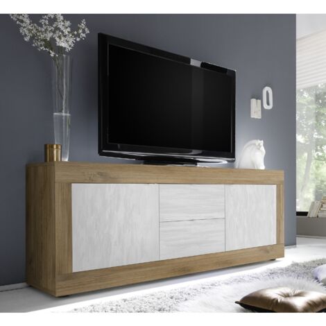 Meuble TV noyer et blanc 2 portes - 2 tiroirs 210cm CALIA 2 (1/5)