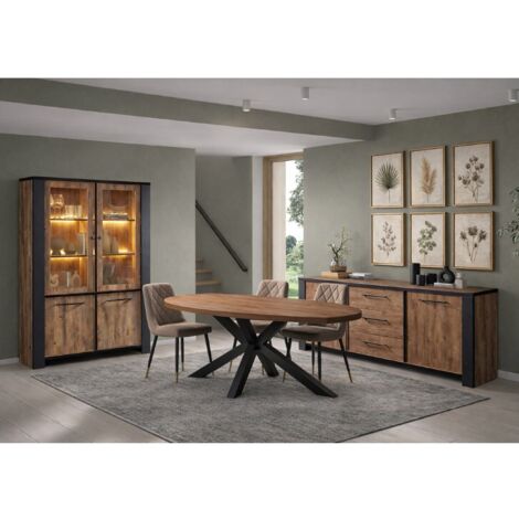 Salle à manger complète en bois avec table ovale 210cm – 6 à 8 places – Buffet et vitrine avec éclairage LED – Gamme SAMANTHA (1/5)