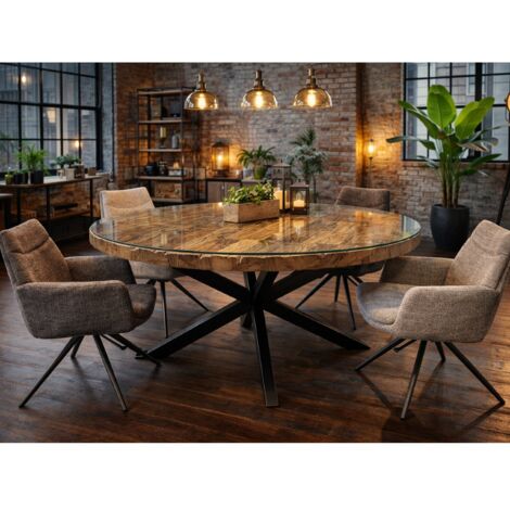 Table de salle à manger ronde 130cm en bois massif et verre – Pied central en métal noir – Style moderne et industriel (1/5)