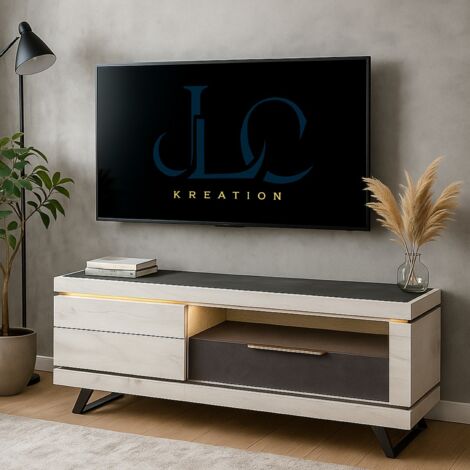 Meuble TV contemporain 155cm chene blanchi avec LED GILDA (1/4)
