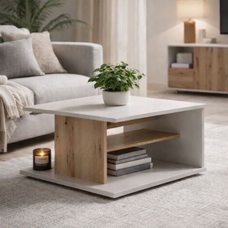 Table basse carré beige et bois 60cm MILA (1/4)
