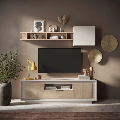 Meuble tv contemporain 180cm beige et bois clair YORI (1/5)