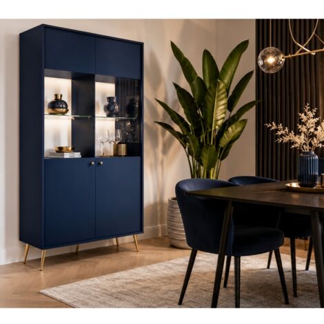 Argentier vitré moderne bleu et pied or EZIA (1/5)