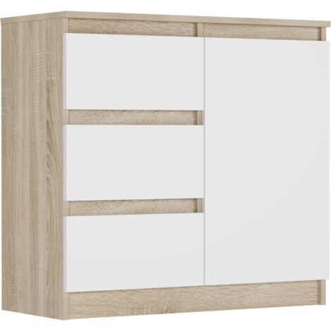 Kommode Sonoma/Weiß, 80x33x76 cm - R-80-S3 mit 3 Schubladen