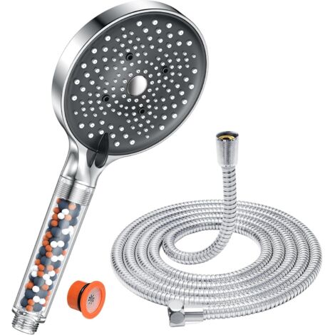 Kit de pommeau de douche : comprend un flexible de 1,6 m, un grand pommeau anticalcaire (130 mm de diamètre), économique en eau, 6 jets, haute pression, finition chromée. (1/5)