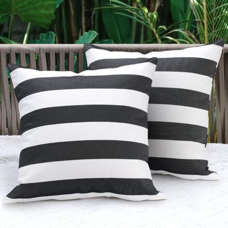 Lot de 2 housses de coussin d'extérieur imperméables 45x45cm : taies d'oreiller carrées à rayures pour terrasse, balcon, villa et jardin, noir/gris et blanc