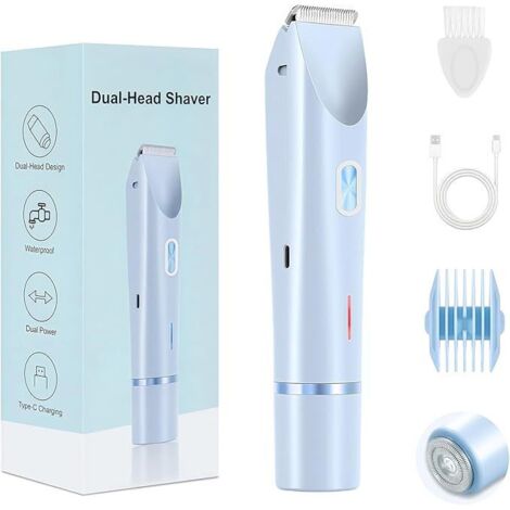 Rasoir électrique 2 en 1, double tête, rechargeable, tondeuse indolore, convient pour le maillot, le corps et le visage, bleu ciel. (1/5)