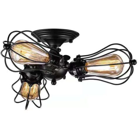 Industrial 3-Light Wire Cage Semi Flush Mount Ceiling Light, Vintage Matte Black Farmhouse Ceiling Fixture (1/5)