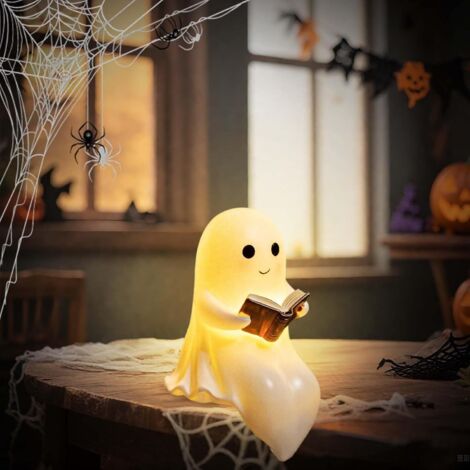 Lampe Fantôme d'Halloween - Décoration Fantôme de Lecture, 14 cm + Lumière LED chaude, Ornement décoratif léger en résine polie (1/5)
