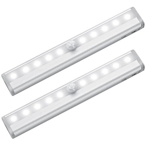 Lot de 2 lampes sans fil pour armoire, 10 LED, détecteur de mouvement, pour penderie ou sous meuble, avec bande magnétique et veilleuse à piles. (1/4)