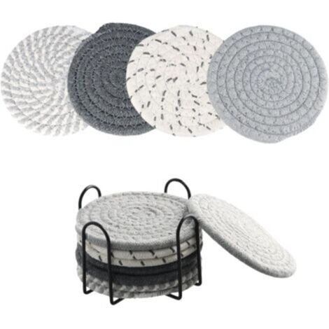 Lot de 8 Dessous de Verre avec Support. sous-Verres absorbants en Coton. Dessous de Verre tressé Rond. Dessous de Verre bohème. Dessous de Verre pour Table Basse. pour Tasses (Gris) (1/4)