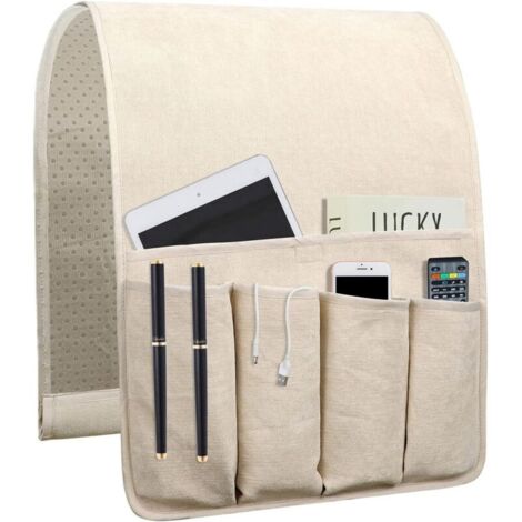 Organiseur antidérapant pour accoudoir de canapé avec 5 poches. support antidérapant pour télécommande de canapé (88.9 x 31.5 . beige) (1/5)