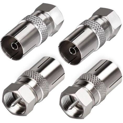 Adaptateur antenne TV F mâle vers femelle – Lot de 4 – Nickelé 75 Ohm – Compatible câbles coaxiaux et récepteurs satellite