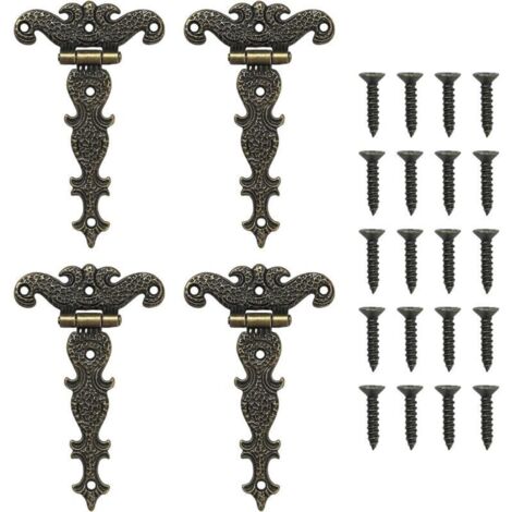 Lot de 4 charnières rétro en T avec vis pour armoires. fenêtres. caisses en bois. portes de grange. portes de hangar (1/4)
