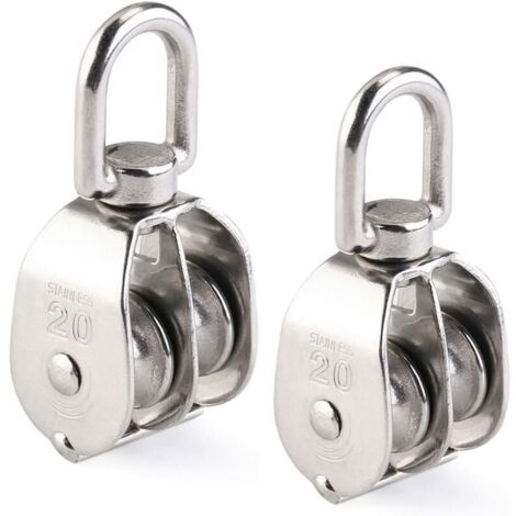 Poulie double inox 304 pivotante – Lot de 2 – Charge maximale élevée pour levage – Rotation 360° pour applications variées