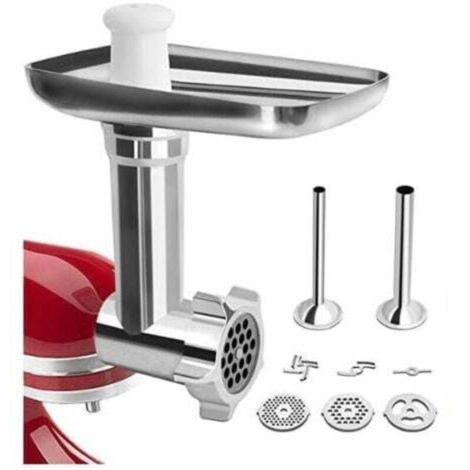 Hachoir à viande KitchenAid – Accessoire pour robot pâtissier – 3 plaques de broyage en aluminium – 2 tubes à farcir pour saucisses