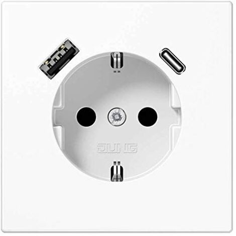 Jung Toma de corriente SCHUKO®, 16 A 250 V , con cargador USB, 1 x tipo A + 1 x tipo C, SAFETY+, Serie LS, blanco alpino LS 1520-15 CA WW