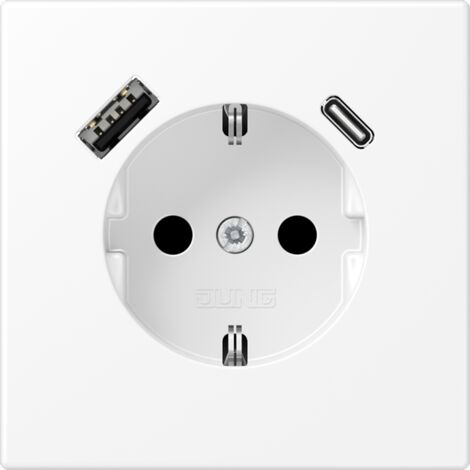 Base enchufe Schuko con cargador USB-A Y USB-C Jung LS1520-15CAWWM serie LS990 Blanco Alpino Mate