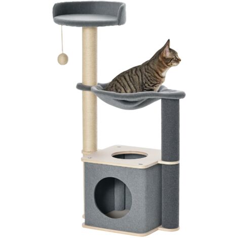 Albero Tiragraffi per Gatti Alto 95cm, Palestra per Gatti di Multilivelli con Casetta, Amaca, Pallina da Gioco, Cuccia e Corde in Sisal, 48x34x95cm, Grigio (1/5)