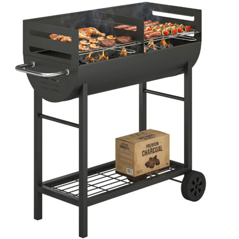 kohlegrill Grillwagen mit 2 Grillzonen höhenverstellbarer Grillrost ablage Räder Seitengriff, 103 x 46,5 x 100cm