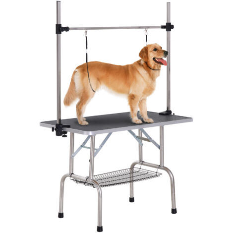 Table de toilettage pour chien pliante potence H-forme inox réglable 2 sangles panier 107 x 60 x 164 cm noir