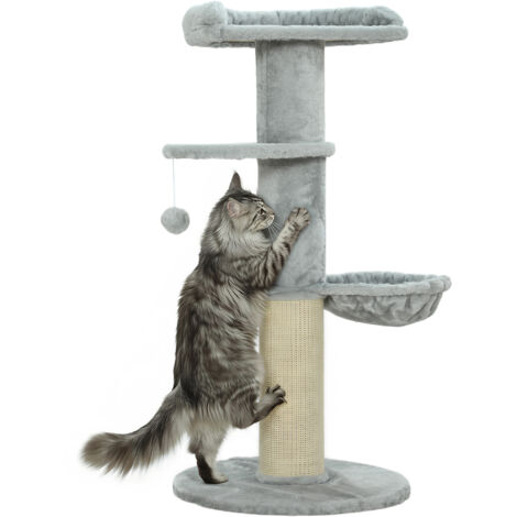 Árbol Rascador para Gatos 103,5 cm con Cama Hamaca Plataforma Poste de Sisal Grueso Bola Colgante Gris Claro (1/5)