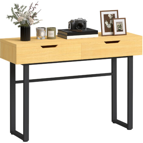 Console meuble 110 cm, table console étroite avec 2 tiroirs, cadre en métal et design sans poignées, naturel (1/5)