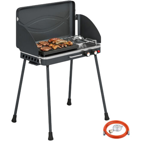 Barbacoa de Gas Portátil 2 en 1 Propano 7 kW de Mesa o de Pie con Plancha Grande Patas Desmontables Negro (1/5)