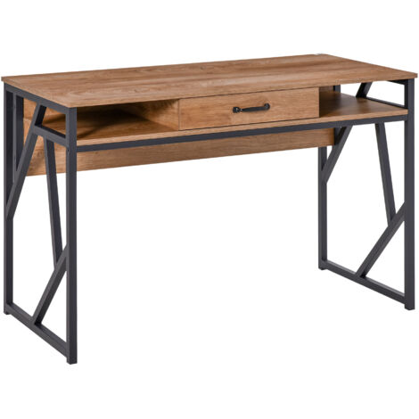 Scrivania Moderna in Metallo e MDF Stile Industriale, Mensole e Cassetto per Casa e Ufficio, 120x60x76cm Nero Marrone (1/5)
