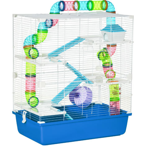 Gabbia Criceti a 5 Livelli con Tubi, Casetta, Serbatoio e Ruota, in Acciaio, PP e PS, 59x36x69 cm, Blu e Bianca (1/5)
