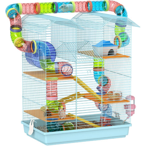 Gabbia per Criceti a 5 Piani con Tubi Colorati, Ruota, Casetta e Accessori, 47x30x59 cm, Azzurro (1/5)