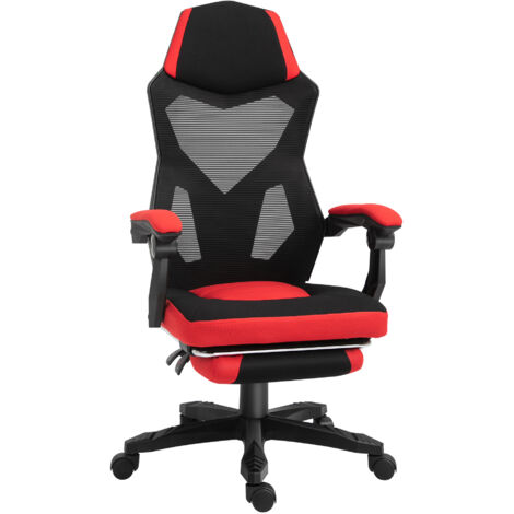 Ergonomischer Bürostuhl, Gaming Stuhl, Drehstuhl mit Fußstütze, PC Stuhl, Chefsessel, höhenverstellbar, Polyester, Schwarz+Rot,58 x 63 x 112-122 cm (1/5)