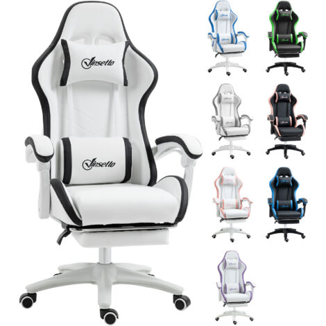 Silla Gaming Silla Gamer de Cuero PU Altura Ajustable Reclinable 135° Reposacabezas y Reposapiés 65x65x121-129 cm Blanco (1/5)