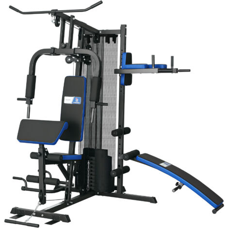 Station de Musculation avec Pile de Poids de 65 kg, Équipement de Gym à Domicile avec Banc pour Abdominaux, Noir et Bleu