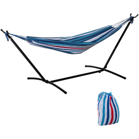Hamaca con Soporte 310x117cm para Camping con Altura Ajustable y Bolsa de Transporte Carga 120 kg Rayas Azul y Blanco (1/5)