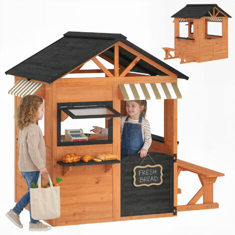 Casita Infantil Exterior e Interior  con Cocina de Juguete y Banco de Picnic Ventanas de Servicio Marrón