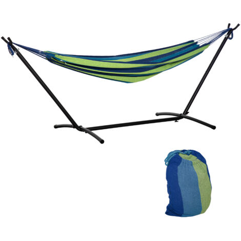 Hamaca con Soporte 310x117 cm para Camping con Altura Ajustable y Bolsa de Transporte Carga 120 kg Rayas Verdes y Azules (1/5)