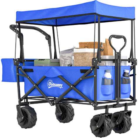 Carro de Transporte Plegable con Toldo y Asa Telescópica Carga Máx. 68 kg para Playa Camping 117x55x98cm Azul (1/5)