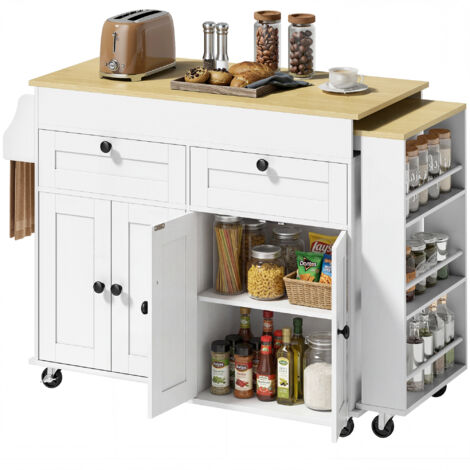 îlot central cuisine avec plateau extensible, desserte de cuisine sur roulettes avec 2 tiroirs, 4 portes, blanc (1/5)
