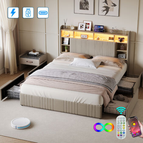 Lit Capitonnée 160x200 cm 4 tiroirs Lit double Avec lumière LED et port USB Lit rembourré tissu de lin - Beige (1/5)
