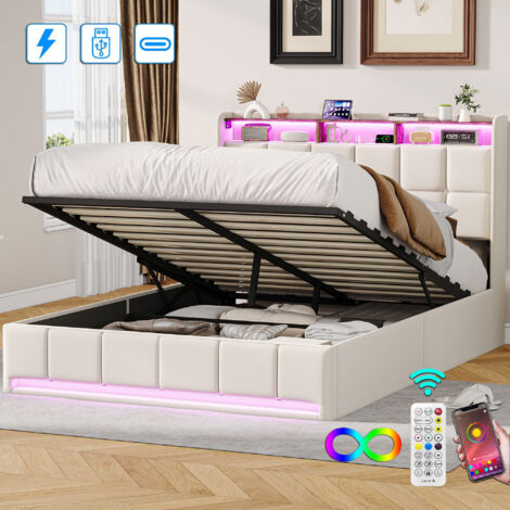 Lit coffre 160x200 cm Avec dispositif de pression d'air Lit double lumière LED et port USB Lit rembourré tissu de lin - Beige (1/5)