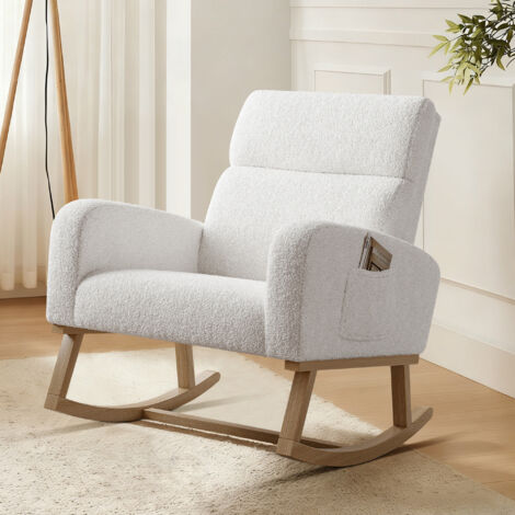 ADWOLT Fauteuil à Bascule- Rocking Chair avec rangement de poche -pieds en bois massif -Style Scandinave -Salon-Chambre-tissu sherpa-Blanc-69x78x87cm