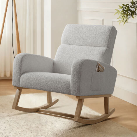 ADWOLT Fauteuil à Bascule- Rocking Chair avec rangement de poche -pieds en bois massif -Style Scandinave -Salon-Chambre-tissu sherpa-Gris-69x78x87cm