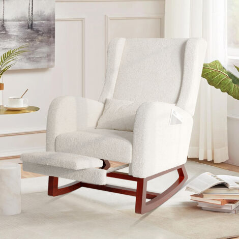 ADWOLT Fauteuil à Bascule-Rocking Chair - Scandinave - Pieds en Bois Massif - Chaise Loisirs - Laine d'agneau - Beige - Salon -67x64x99cm