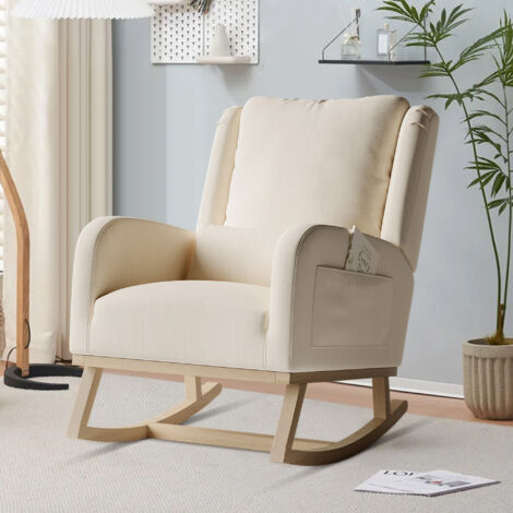 ADWOLT Fauteuil à bascule-Rocking chair de salon avec coussins - Pieds en bois-Scandinave -avec poches latérales-68 x 93 x 96 cm-Tissu lin -beige