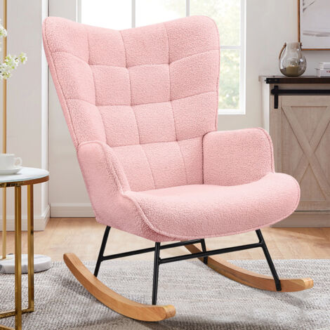ADWOLT Fauteuil à Bascule - Rose - Scandinave - Rocking Chair - Pieds en Métal et en Bois Massif - Salon -chambre à coucher -92 × 68 × 75 cm
