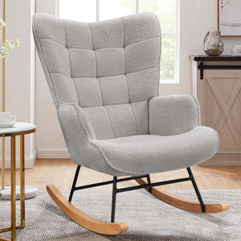 ADWOLT Fauteuil à Bascule - Gris - Scandinave - Rocking Chair - Pieds en Métal et en Bois Massif - Salon -chambre à coucher -92 × 68 × 75 cm