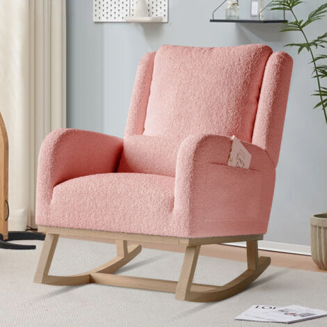 ADWOLT Fauteuil à bascule-Rocking chair de salon avec coussins - Pieds en bois-Scandinave-avec poches latérales -68 x 93 x 96 cm-Velours Teddy -Roze
