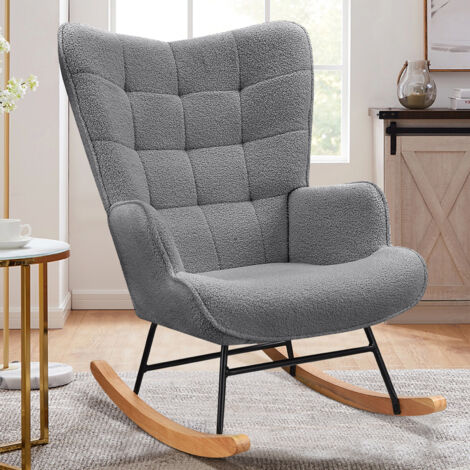 ADWOLT Fauteuil à Bascule - Gris foncé - Scandinave - Rocking Chair - Pieds en Métal et en Bois Massif -Salon -chambre à coucher -92 × 68 × 75 cm