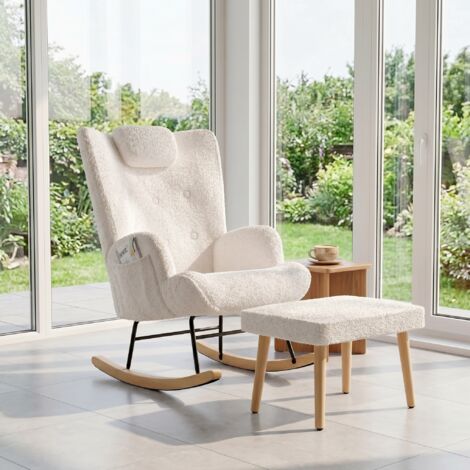 ADWOLT Fauteuil à Bascule-Rocking Chair-Teddy Velours Blanc-avec repose-pieds-avec appui-tête et poches latérales-Style Scandinave-pour Salon-Chambre-Balcon
